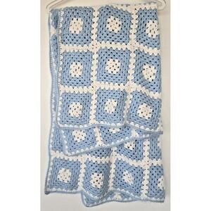 Vintage Crochet Hand Knit Nostalgic Square Floral Blanket Wool Baby Blue Afghan